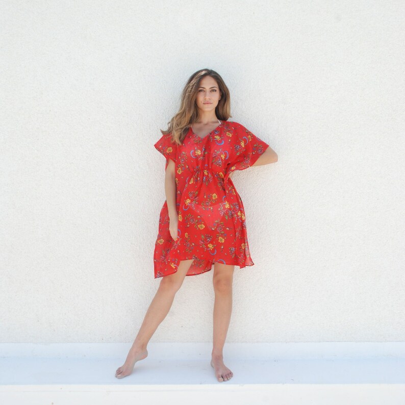 Boho Colorful Floral Short Kaftan Dress Beach Cover Up Resort Wear Cotton Caftan Boho Colorful Floral Short Kaftan Dress Beach Cover Up Resort Wear Cotton Caftan