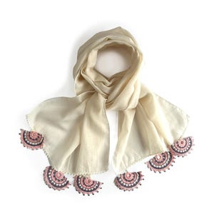 Ecru Cotton Scarf with Handmade Oya Embroidery, Cream White Cotton Shawl