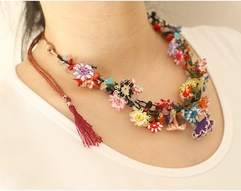Handmade Turkish Oya Flower Necklace, Gemstone Crochet Jewelry