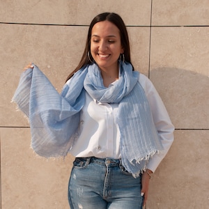 Blue Linen Cotton Scarf: Long Unisex Wrap, Soft Stole