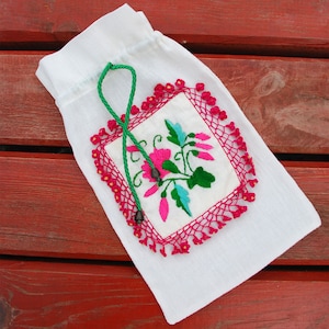 Borsa piccola con coulisse, custodia con ricamo vintage rosa, custodia per gioielli, borsa per bomboniere, piccola borsa portaoggetti, organizer con coulisse, regalo unico
