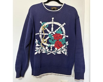 Vintage 90's Sweater Womens M Nautical Ship Wheel Roses Floral Preppy Vacation