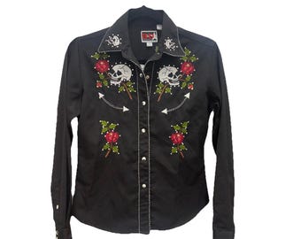 Brooks & Dunn Pearl Snap-shirt XS geborduurde rozen schedels western rockabilly
