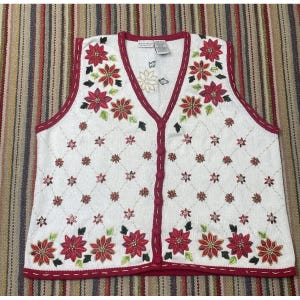 Vintage Christmas Embroidered Beaded Novelty Sweater Vest Women&#39;s 1X Holiday