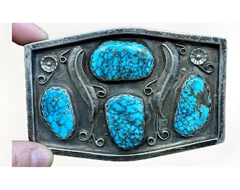 大型ヴィンテージスターリングシルバーターコイズネイティブベルトバックル 168g ナバホ族
