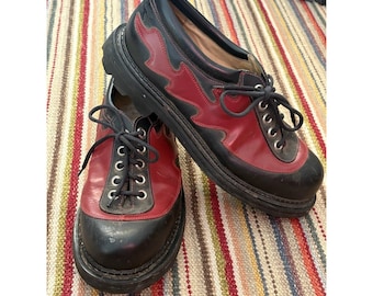 Vintage JOHN FLUEVOG Angels Cherry Red Black Flame Derby Shoes Sz 12 Mens Goth