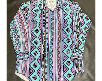 Camicia western vintage H Bar C da uomo, taglia L, con bottoni a pressione in madreperla, stile cowboy, azteco, country, rodeo