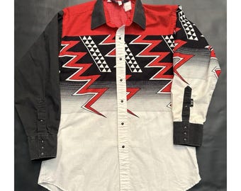 Camisa vaquera vintage Brooks & Dunn roja, negra y blanca de manga larga estilo rockabilly perla