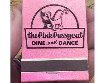 Fiammiferi vintage The Pink Pussycat, scatola di fiammiferi, battuta frontale, rari, in rilievo, non strofinati