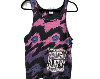 Vintage 80er Jahre Surf AOP Shirt OasiSports Single Stitch M Splatter Paint "Tie Dye"
