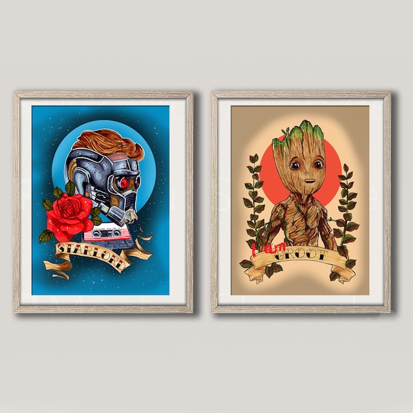 Starlord & Baby Groot Tattoo Prints