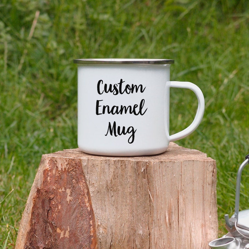 Custom Enamel Mug, Personalised Mug, Custom Name Mug, Camping Gift Mug, Metal Mug, Coffee Mug, Campfire Mug, Gift for Her, Coffee Mug, EM13B image 1