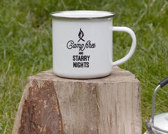 Camping Mug, Handmade Enamel Mug, Campfires and Starry Nights, Coffee Mug, Metal Cup, Camping Gift, Vanlife, Adventure, Outdoor Gifts, EM03