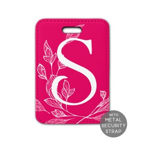 Étiquette de bagage initiale florale personnalisée Étiquette de sac de valise Voyage de week-end de filles Cadeaux de voyage pour elle LT051 Deep Pink