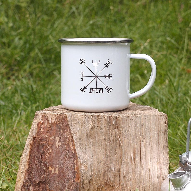Vegvisir Enamel Mug, Camping Mug, Viking Compass, Icelandic Compass, Free Spirit, Adventure, Travel Gift, Traveller, Travel Mug, EM07 zdjęcie 1