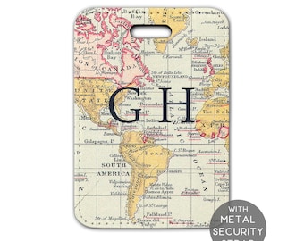 Personalised Luggage Tag - Initials Vintage World Atlas - Suitcase Bag Tag - Travel Gift for Dad - Grandad - LT031