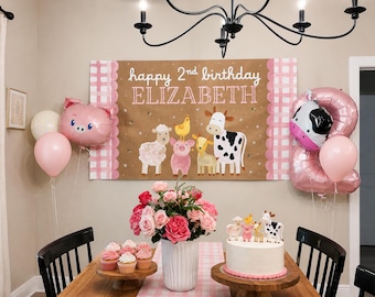 Hand Painted Birthday Banner | Custom Birthday Backdrop | Personalized Party Banner | Farm Theme, pink gingham, farm animal party