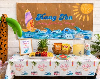 Hand Painted Birthday Banner | Custom Birthday Backdrop | Personalized Party Banner | Hang Ten, retro surfing theme, summer party