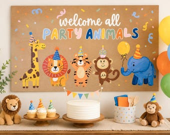 Custom Hand-Painted Jungle Safari Birthday Banner | Personalized Party Animals Backdrop