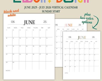 2025-2026 Vertical Calendar – Serif Font, Color Options (Digital Download)