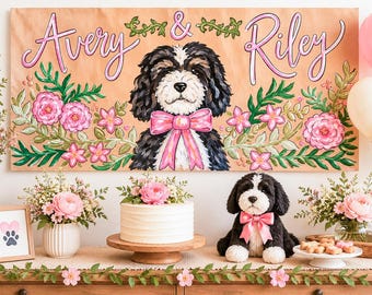 Hand-Painted Custom Dog Banner – Pink Floral Garden Theme