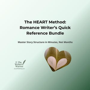 Puede incluir: Imagen con texto: "The HEART Method: Romance Writer's Quick Reference Bundle." Un libro en forma de corazón está a la derecha. El texto de abajo dice: "Master Story Structure in Minutes, Not Months." El logo de The Writer's Warren está abajo a la izquierda.