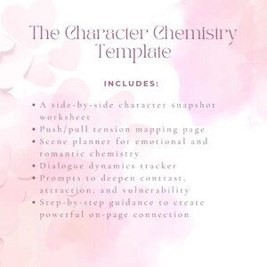 Puede incluir: Un gr&aacute;fico rosa y blanco con el texto "The Character Chemistry Template". La plantilla incluye una hoja de trabajo de instant&aacute;neas de personajes, una p&aacute;gina de mapeo de tensi&oacute;n, un planificador de escenas y un rastreador de din&aacute;mica de di&aacute;logo.