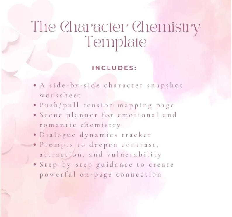 Puede incluir: Un gr&aacute;fico rosa y blanco con el texto "The Character Chemistry Template". La plantilla incluye una hoja de trabajo de instant&aacute;neas de personajes, una p&aacute;gina de mapeo de tensi&oacute;n, un planificador de escenas y un rastreador de din&aacute;mica de di&aacute;logo.