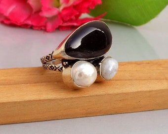 Black Onyx Pear Shape Ring Cabochon Gemstone Ring Onyx Statement Ring Pearl Handcrafted Silver Plated Ring Handmade Ring US size 7