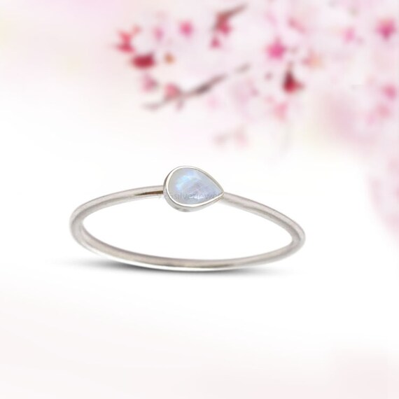 pear moonstone ring with 5 round stone stacker Rainbow moonstone stacking set 925 sterling silver
