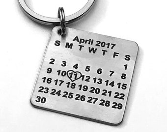 Calendar Keychain, Special Date With Heart, Birth, Anniversary, Couples, Stainless Steel Engraved