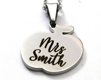 Customized Stainless Steel Apple Necklace - Unique Teacher Gift - Silver Pendant