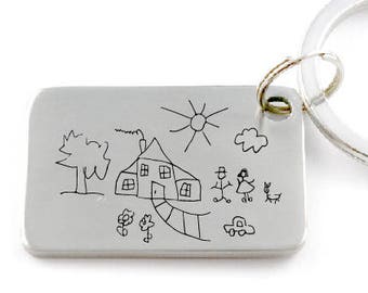 Kids Art Engraved - Replica of Your Child's Drawing or Handwriting - Engraved Keychain