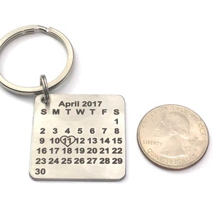 Calendar Keychain, Special Date With Heart, Birth, Anniversary, Couples, Stainless Steel Engraved image 3