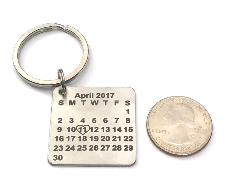 Calendar Keychain, Special Date With Heart, Birth, Anniversary, Couples, Stainless Steel Engraved image 3