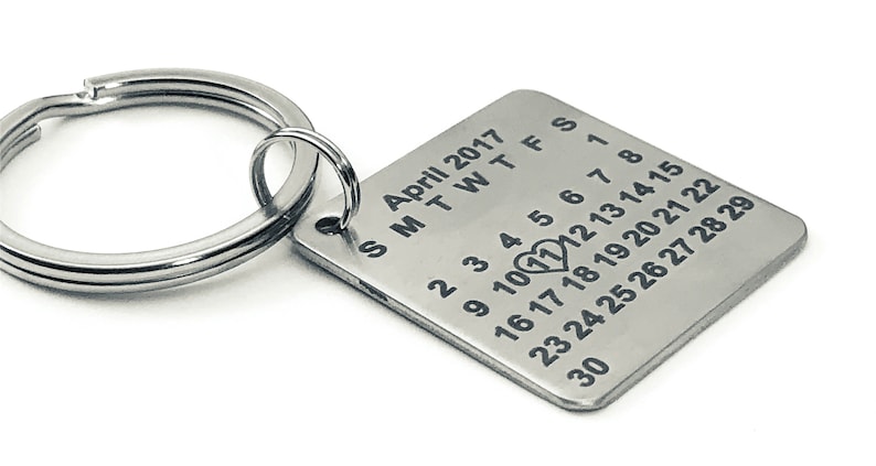 Calendar Keychain, Special Date With Heart, Birth, Anniversary, Couples, Stainless Steel Engraved image 2