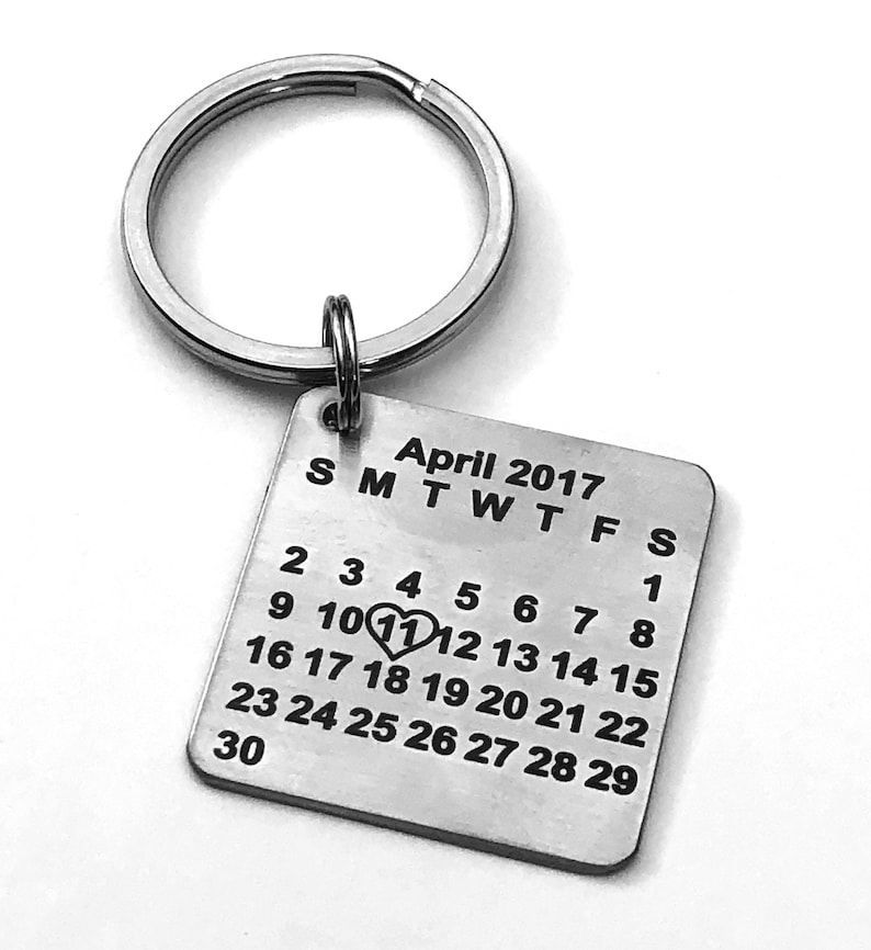 Calendar Keychain, Special Date With Heart, Birth, Anniversary, Couples, Stainless Steel Engraved image 1