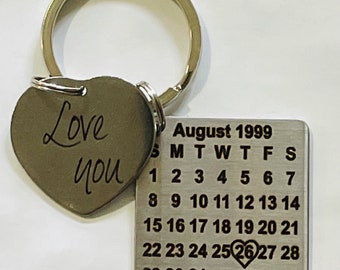 Calendar Keychain, Special Date With Heart, Birth, Anniversary, Couples, Stainless Steel Engraved