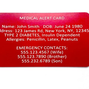 Medical Alert Card - Emergency Wallet Card - Custom Engraved Medic ID