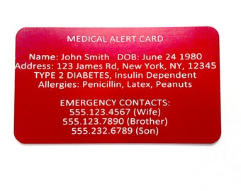 Medical Alert Card - Emergency Wallet Card - Custom Engraved Medic ID