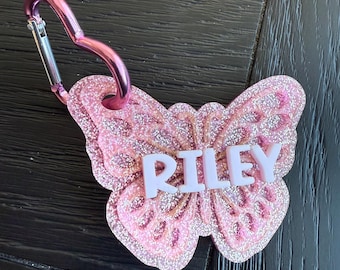 Personalized Pink Glitter Butterfly Bag Tag | Kids Acrylic Keychain
