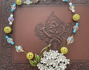 Repurposed White Rhinestone Flower AB Crystal Bead Linked Necklace, OOAK, Upcycled, Vintage Jewelry, MCM Retro Jewelry
