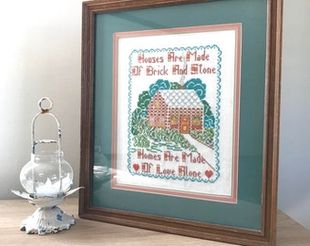 Vintage Crewelwork Embroidery Victorian House in 21x17 Frame Signed E.Sutton 1960
