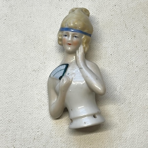 Art Deco Germany Half Doll Flapper Fan Porcelain Pin Cushion Figurine 3.25&quot;