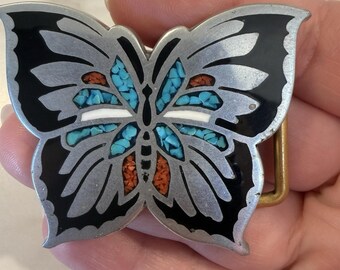 Crushed Turquoise & Coral Inlay Butterfly Belt Buckle Enamel Nickel Silver Heavy