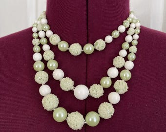 Vintage Japan Graduated Green Sugar Plastic Bead Multistrand Collar Necklace 16"
