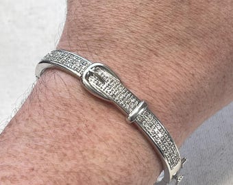 Diamond Accent Chip Silver Plated Buckle Belt Hinged Bracelet Bangle
