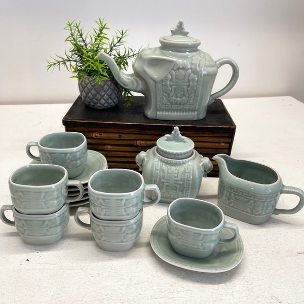 SINGLE/SET Vintage Midcentury Modern Celadon Elephant Porcelain Tea Set Tea Pot Sugar Bowl Creamer Pitcher Tea Cup with Saucer Chinese