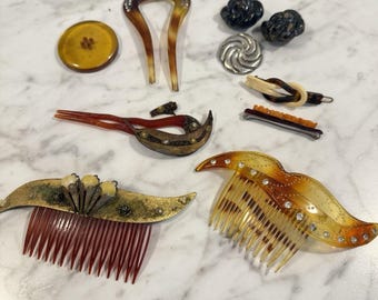 Lot of 10 Antique Art Deco Hair Combs Barrette Rhinestone Buttons Lot