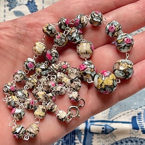 Vintage Art Deco Wedding Cake Foil Glass Graduated Bead Necklace Lampwork, Venetian or Czech Glass